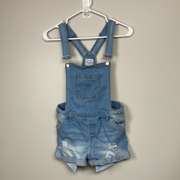 Wax Jean Light Blue Wash Roll Cuff Distressed Denim Shortie Overall, Small - Picture 8 of 8